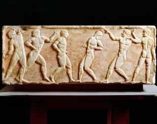 Civilização Grega, Stele representando atletas no ginásio, Da necrópole de Kerameikos em Atenas, Grécia, 510 AC