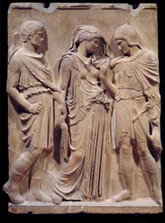 Antiguidade grega: a despedida de Orphee para Eurídice que Hermes está preparado para trazer de volta ao inferno. A inscrição com os nomes de Zethus, Antiope e Amphion remonta ao renascimento. Baixo relevo de mármore. 480-323 AC. Sol 1,2 m Paris, Musee du 