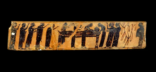 Arte grega: fragmento de vaso com figuras negras em cerâmica representando uma cerimónia fúnebre: a representação do corpo dos defuntos e da passagem obriga a lamentos em redor do leito mortuário, século VI a.C. - Paris, Musee du Louvre