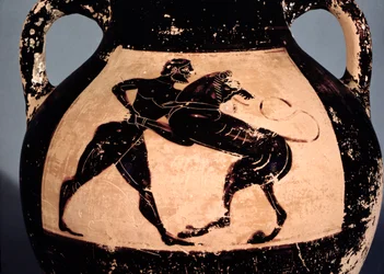 Herakles lutando com o leão da Neméia, detalhe de uma ânfora ática de figuras negras (cerâmica)