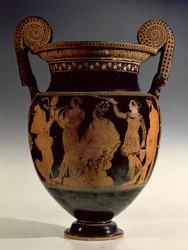 Karneia, ou Festa da Colheita, voluta krater de figuras vermelhas, final do século V aC - início do século IV aC (cerâmica)