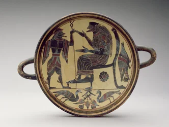 Taça kylix laconiana representando Zeus e Hermes, c.550-530 aC (argila) (ver também 288296 e 288298)