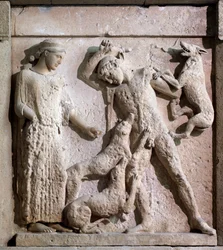 Magna graecia: metopo com Ártemis e Actaeon, relevo em pedra, século V a.C.