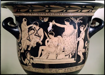 Orestes como um suplemento no Santuário de Apolo em Delfos, detalhe de um krater ático de figuras vermelhas, atribuído ao detalhe de cerâmica de 92567 do pintor de Eumenes de Apúlia.