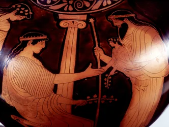 Pintura em jarro: Júpiter (Zeus) apresenta o jovem Dionísio (Bacco) a duas mulheres. 480 AC. BNF, Escritório de Medalhas.