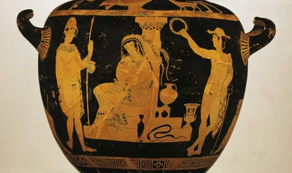 Krater de algarismos vermelhos representando Orestes, Elektra e Pylades no túmulo de Agamemnon (cerâmica)