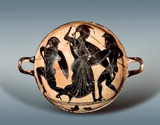 Guerra de Troia: a deusa Atena luta entre Heitor e Aquiles. Século VI a.C. Kylix (copo para beber) com figuras negras em cerâmica, Museu Arqueológico da Catalunha, Barcelona.
