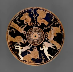 Sótão Pyxis de figura vermelha, detalhe de tampa decorado com mulheres segurando fichas de amor e colares, perto do Pintor de Medídias (cerâmica)