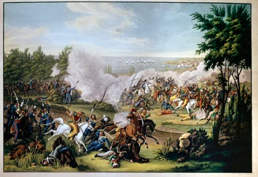 Batalha de Missolonghi, Grécia, em 1822, defendida por Botzaris, que morre no conflito contra os turcos de Omar Brionis (vitória dos gregos) (gravura)
