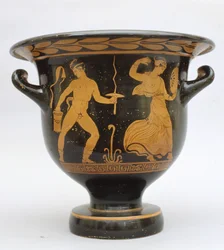 Krater proto-apuliano em forma de sino com sátiro e bacante de Matera, Itália (cerâmica)