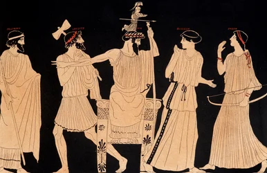 Nascimento de Atena saindo da cabeça de Júpiter (Zeus), pintura encontrada em Vulci, ed. século 20.