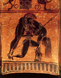 Cerâmica de figuras negras, Vaso François, cratera de volutas ática assinada pelo oleiro Ergotimos e pelo pintor Kleitias, pormenor: Ájax Telamónio transportando o corpo sem vida de Aquiles, 570-560 a.C.