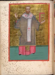 Egerton 2392, f.5v, miniatura de João Crisóstomo de pé, segurando um livro, do Leitourgikon, incluindo cerimónias de ordenação e orações