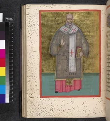Egerton 2392, fól. 47v, Santo, de «Leitourgikon, incluindo serviços de ordenação e orações»