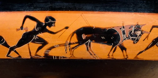 Trabalho de campo na Grécia antiga. Acompanhe uma faixa de penitência com figuras negras conhecidas como "cut des travaux des champs" (cerca de 530 a.C.) Paris. Museu do Louvre