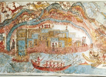 Fresco representando uma procissão de navios de Akrotiri, Ilha Thera, Santorini, Grécia, detalhe, uma cidade costeira