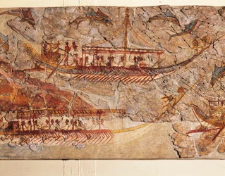 Fresco representando uma procissão de navios, de Akrotiri, ilha de Tera, Santorini, Grécia, pormenor, navios