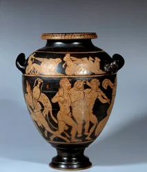 Arte grega: stamnos áticos em cerâmica com figuras vermelhas. Cena dionisíaca. Pintor de Danae