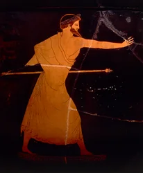 Civilização grega, cerâmica de figuras vermelhas. Cratera ática representando Zeus, atribuída ao Pintor de Berlim. Pormenor.