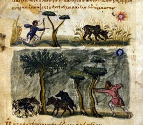 A caça ao javali após o manuscrito grego de Oppianus De Venatione, do século XIII.
