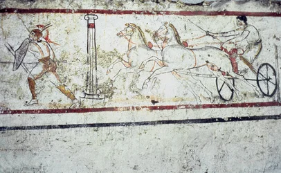 Túmulo de túmulo ao vivo de Lucan, representando um gladiador e um homem em uma carruagem, Paestum 350-330 aC