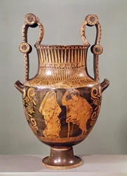 Cratera de figuras vermelhas representando uma conversa entre um efêbe e uma mulher usando um himation, da Beócia (cerâmica)