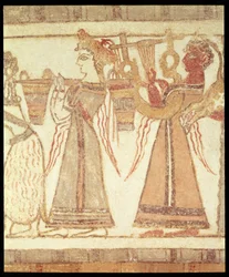 Cena ritual de culto, possivelmente sobre a veneração dos mortos, detalhe de decoração em um sarcófago de um túmulo em Ayia Triada, Creta, final do período minóico, c.1390 aC