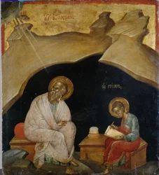 São João Evangelista, com seu escriba Prochoros (tinta brilhante sobre madeira de álamo)