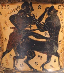 Ânfora, atribuída a pintor de Nettos, cerâmica de figuras negras, Detalhe mostrando Hércules e centauro, Civilização Grega, Século VII a.C.