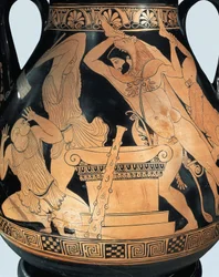 Sótão pelike representando Heracles a matar o rei Busiris e sacerdotes egípcios, por Pan Painter, cerâmica de figuras vermelhas