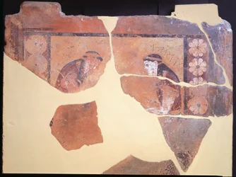 Filha de Pandion, Rei de Atenas, cerca de 630 a.C. metopo terracota pintado do Templo de Apolo em Thermos, Grécia, civilização grega, século VII a.C.