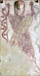 Pintura policromada sobre pinax e relevo representando a divindade feminina com serpente da "Agora" de Atenas, Grécia, Civilização Grega, Século VII a.C.