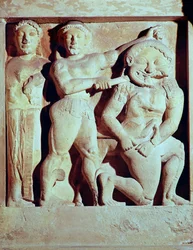 Relevo representando Perseu ajudando Atena a matar a Górgona, metope do Templo de Selinunte, Sicília (pedra)