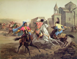 Skirmish of Persians and Kurds in Armenia, impresso por Alfred Leon Lemercier, Paris, c.1850-60 (cor litho)