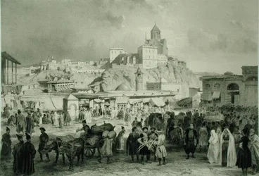 The Bazaar in Maidan Square, Tiflis, Georgia, placa 25 de um livro sobre o Cáucaso, gravado por Adolphe Jean-Baptiste Bayot (1810-66) e Eugene Ciceri (1813-90), publicado por Alfred Leon Lemercier, Paris