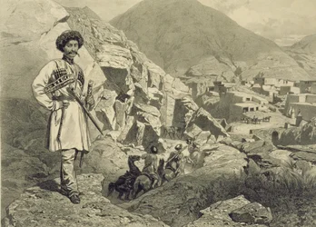 Chegando a Tsatanykh, Daguestão, prato 12 de um livro sobre o Cáucaso, gravado por Jules Didier (1831-1892), publicado por Alfred Leon Lemercier, Paris, 1847