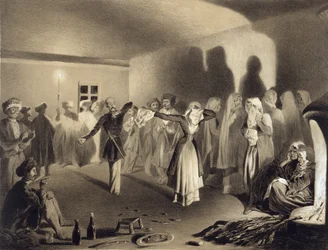 Festa Dançante em Kagha-Choura, Daguestão, prato 55 de um livro sobre o Cáucaso, gravado por Celestin Francois Nanteuil (1813-73), publicado por Alfred Leon Lemercier, Paris, 1847
