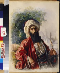 Emir. Retrato de um líder religioso muçulmano, fumando um narguile, em frente a uma mesquita, durante o período de guerrilha e resistência ao Império Russo no Cáucaso do Norte em meados do século XIX. Obra de Grigori Grigorievich Gagarin (Gagarin) (1810)