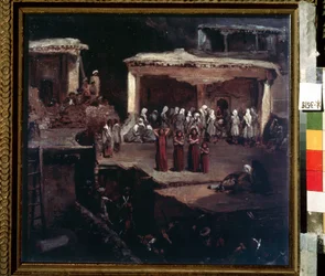 A cerimônia fúnebre no Daguestão. Obra de Grigori Grigorievich Gagarin (1810-1893), óleo sobre papelão, arte russa do século XIX.