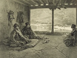 Palestra Sharia em Khosrakh, Daguestão, prato 50 de um livro sobre o Cáucaso, gravado por Adolphe Mouilleron (1820-81), publicado por Alfred Leon Lemercier, Paris, 1847