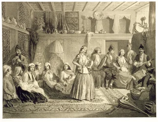 O quarto do descanso perto dos banhos em Shemakha, no estepe de Shirvanskaya, chapeia 40 de um livro no Cáucaso, gravado pelo bar de Charles Claude Bachelier e de Adolphe Bayot (1810-66). de Alfred Leon Lemerci