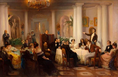 Pushkin e seus amigos ouvem Adam Mickiewicz no salão da princesa Zinaida Volkonskaya, 1899