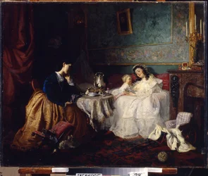 A Outra Sorte. Cena da vida familiar, descrição da relação e do amor materno. Pintura por Grigory (Grigoriy, Grigory) Grigoryevich Myasoyedov (Myasoedov, Miasoedov) (1834-1911), óleo sobre tela