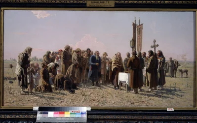 Camponeses russos e um padre ortodoxo a rezar durante a seca. Pintura de Grigori (Grigoriy, Grigory) Grigoryevich Myasoyedov (Myasoedov, Miasoedov) (1834-1911)