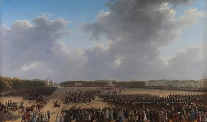 Desfile de celebração do fim da acção militar no Reino da Polónia no prado da Tsaritsa, em São Petersburgo, a 6 de Outubro de 1831