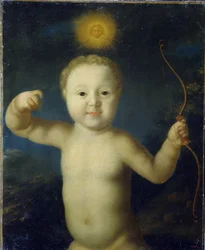 Retrato do czarevich Alexis Petrovich da Rússia (1690-1718). (Retrato do czarevich Alexei Petrovich da Rússia). Representa o bebê em Eros, nu segurando seu arco e encimado por um sol no meio da noite. Pintura de Grigori Dmitrievich Molchanov (por volta de 