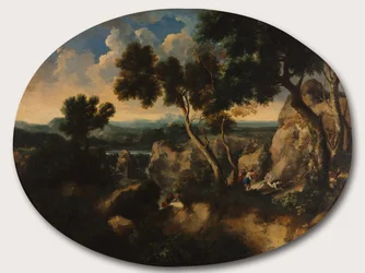 Paisagem rochosa com caçadores