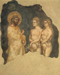 Adão e Eva antes do Eterno, por Guariento (ativo desde 1338, morreu por volta de 1367), afresco, Capela Carrarese, Academia Galileana de Artes e Ciências, anteriormente Patavina, Pádua, Itália, por volta de 1350
