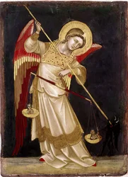Anjo pesando uma alma numa balança Pintura em madeira de Guariento di Arpo (1338-1370) Século XIV Museo Civico, Pádua