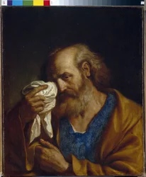 São Pedro Apóstolo. Retrato do discípulo de Jesus a enxugar as lágrimas que lhe correm pelo rosto. Pintura de Giovanni Francesco Barbieri, dito Guercino (Il Guercino) (1591-1666)